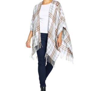 NWT Three Dots Plaid Fringe Poncho - Gray and Brown